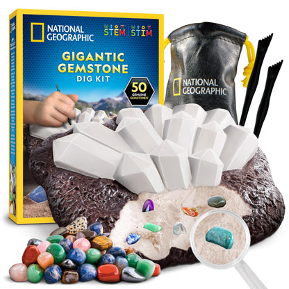 National Geographic Gigantic Gemstone Dig Kit – Excavate 50 Real Gems from a Giant Dig Brick, Gem Mining Kit for Kids, STEM Rock Collection Activity, Includes Tools & Learning Guide