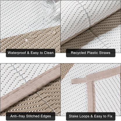 PureCozy Outdoor Waterproof Patio Rug 9x12 Plastic Straw Reversible Lightweight Outside Beige Striped Large Carpet Outdoor for Camping RV Porch Deck Balcony Beach