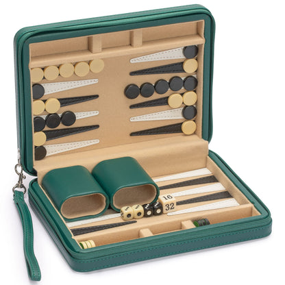 Yellow Mountain Imports Travel Size Backgammon Mini Game Set, Izmir - Magnetic Checkers and 9-inch Board in Sleek Leatherette Case - Classic Strategy Board Game