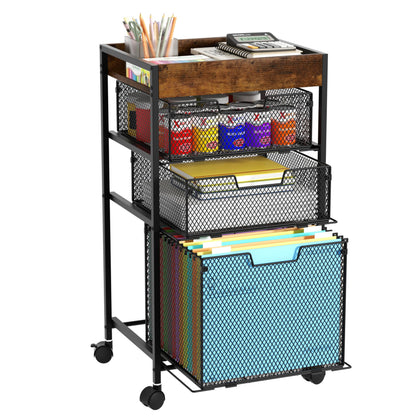 SWTYMIKI Rolling File Cart with Drawers - 4 Tier Under Desk Storage Craft Rolling Organizer Cart - Office Storage &Organization, Mobile Metal Filing Cabinet for Office and Home Espresso