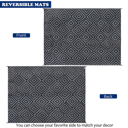 Ridota Reversible Mats, Patio Plastic Straw Modern Area Rug, Floor Mat for Outdoors, RV, Patio, Backyard, Deck, Picnic, Beach, Trailer, Camping (Diamond Black & Grey, 9' x 12')