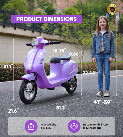 Kids Motorcycle, 2 Wheel Electric Motorcycle for Girls Ages 8-12, 24V Ride on Toys with Music, Story, Headlight, 3 Speed Options, Up to 60min Ride Time, for Riders up to 143 lbs, Easy Assemble, Purple