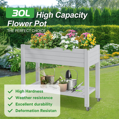 PatioZen Raised Garden Bed with Legs, 33.66" Tall Self-Watering Resin Planter Box with Lockable Wheels Drainage Plug and Gauge for Vegetables, Flowers, Storage Shelf for Tools and Accessories (Ashen)