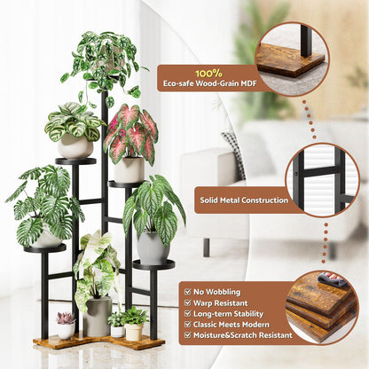NQW 5 Tiered Plant Stand Indoor with 7.1 Inch Wide Tray, Corner Metal Plant Stand Outdoor Tall Flower Holder Stand, Tall Rack for Display Shelf for Patio Porch Office LivingRoom - BlackDisk