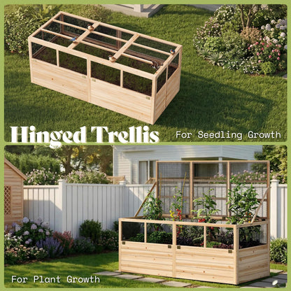 AMERLIFE Raised Garden Bed with Hinged Fencing and Trellis, 18 Inch Deepened Wood Planter Box, 2 PCS Flip-up Front Panel, Easy Assembly, Ideal for Seed Starting and Growing Vegetables & Fruits