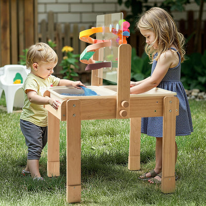 bopoobo Sand and Water Table for Toddlers, 4 in 1 Kids Wooden Sensory Activity Table with 2 Storage Bins, Painting Acrylic Board, Slide Track Toy & Windmill Suction Cups Toy, Beach Accessories