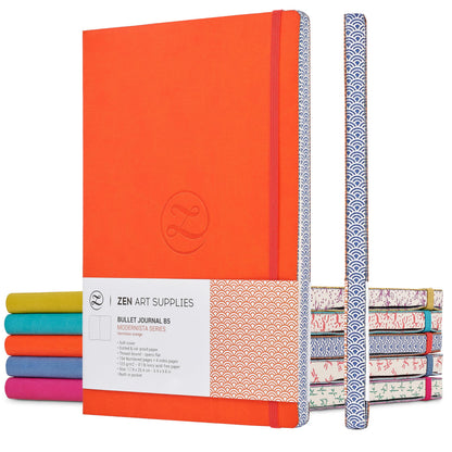 Soft Cover Large B5 Dotted Journal - Enjoy Bullet Journaling with a 7x10-inch, Non-Bleed Thick 120gsm Paper, Dot Journal in Orange, Japanese Edge Motif - Faux Leather Lay Flat Dot Notebook