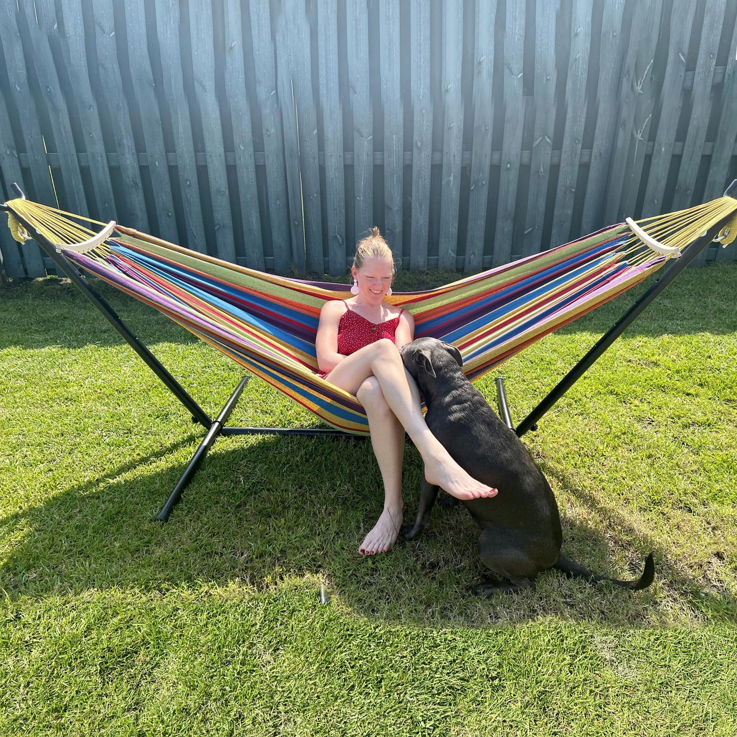 SZHLUX Double Hammock with Stand for Outside 450lb Capacity Steel Stand, Premium Carry Bag Included and Two Anti Roll Balance Beam