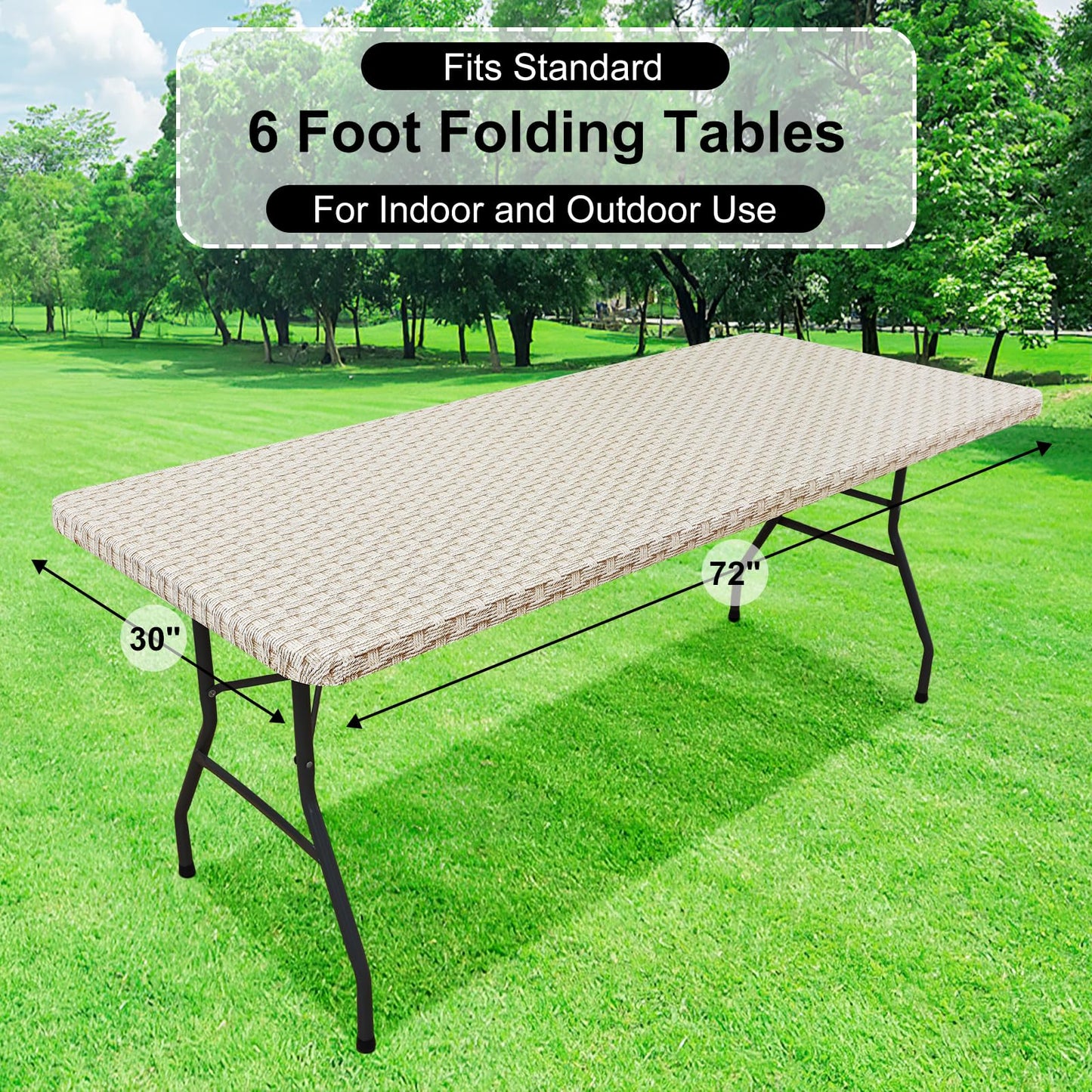 misaya Rectangle Vinyl Tablecloth, Fitted Table Cover, 100% Waterproof, Elastic Edge, Flannel Backing, Table Cloth Fit 6 Foot Folding Tables for Picnic, Camping, Outdoor (Weave, 30x72 inch)
