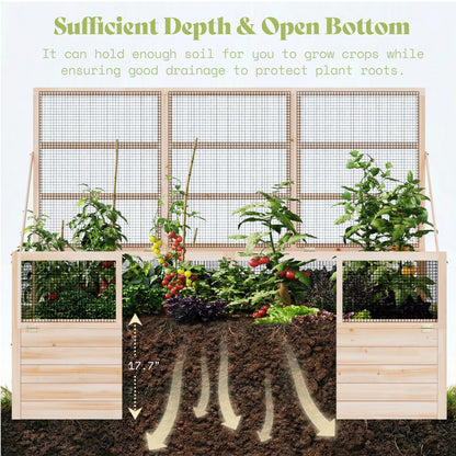 AMERLIFE Raised Garden Bed with Hinged Fencing and Trellis, 18 Inch Deepened Wood Planter Box, 2 PCS Flip-up Front Panel, Easy Assembly, Ideal for Seed Starting and Growing Vegetables & Fruits