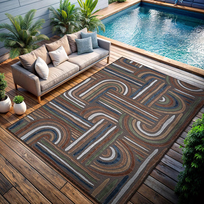 CAMILSON Indoor Outdoor Rug, Brown 9x12 Geometric Arch Striped Large Area Rugs for Patio and Home Areas, Easy-Cleaning Non-Shedding Living Room, Garden and Deck Washable Outside Carpet (9 x 12)