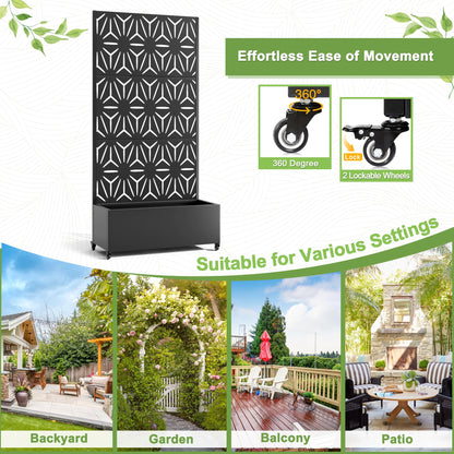 FENCY Metal Raised Garden Bed with Wheels and Trellis,73"x35"x16" Planter Box for Climbing Plants, Vegetables & Vines, Features Privacy Screen and Drainage Holes (Black-Star)
