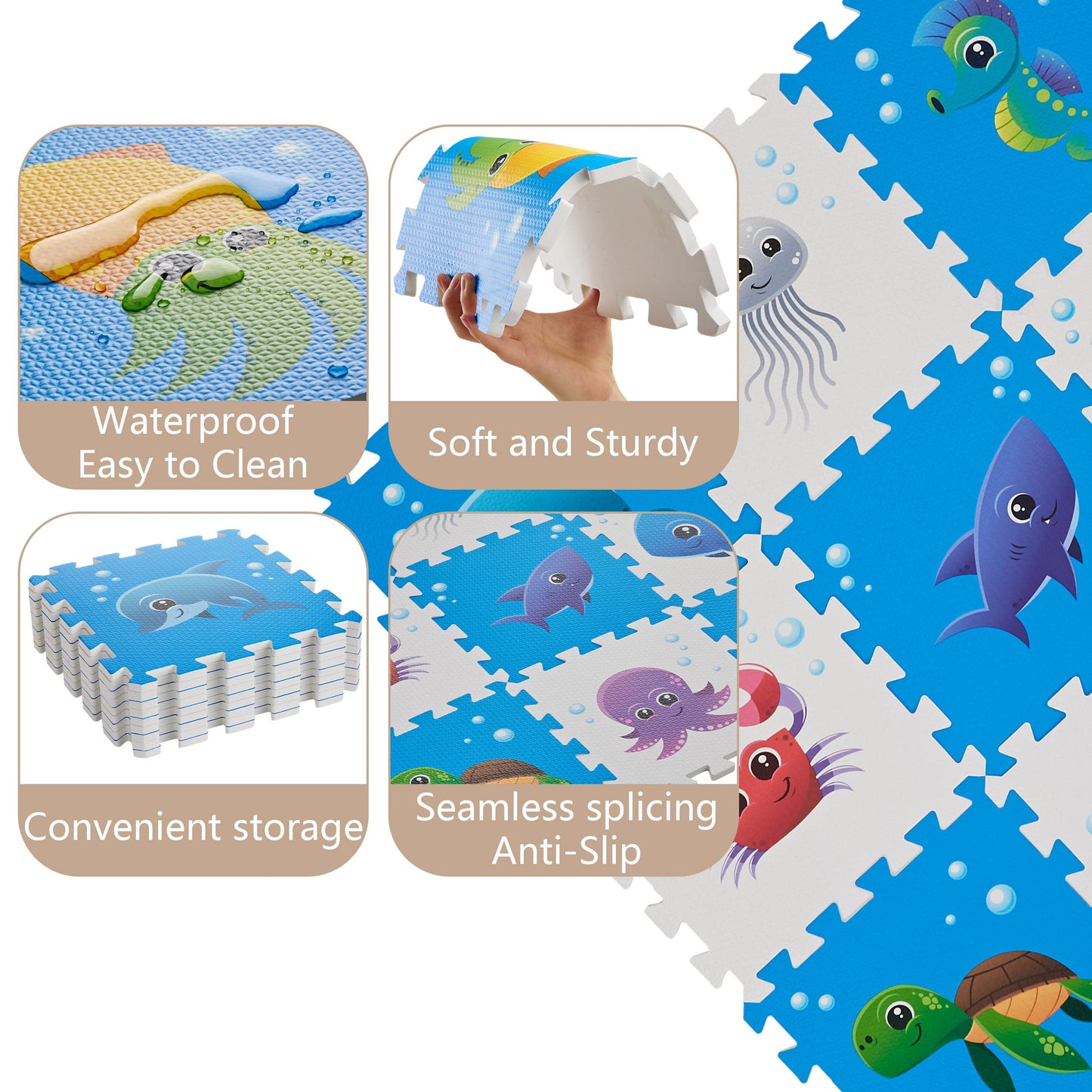 PLAY 10 Puzzle Play Mat, Foam Floor Tiles, Children’s Foam Puzzle Mat Baby Floor Play Mat 34×34 Inches Sea World 9 Pieces, Edge Tooth A