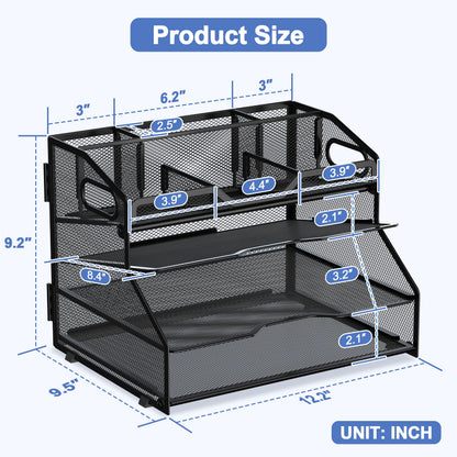 NextFile 4 Tier Desk Orgnizers and Accessories, Metal Magazine File Holder with Pencil Holder and Handles, Space Saving Desktop Storage for School Office Supplies(Black)