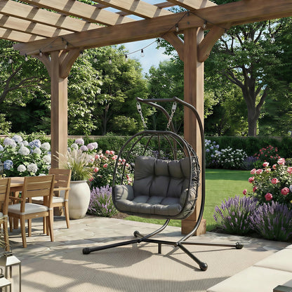 Pamapic 700 LBS Double Egg Chair Outdoor, UV Resistant Cushions Hanging Egg Chair with Armrests & Headrest, Thick Steel Frame Egg Swing Chair with Stand, for Relaxing & Reading Outside/Inside(Grey)