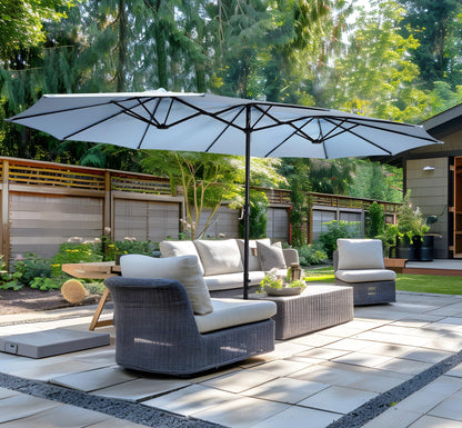 Bigroof 15ft Patio Umbrella with Base, Large Outdoor Double-Sided Market Umbrella with Terylene Polyester Fabric and Crank for Poolside Garden Deck Backyard Beach Pools, Light Blue