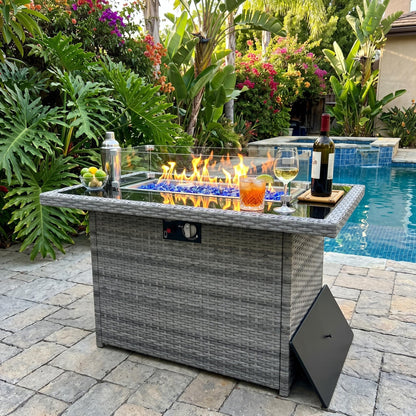 Propane Fire Pit Table, 44" Outdoor Gas Fire Pit with Glass Wind Guard & Waterproof Cover