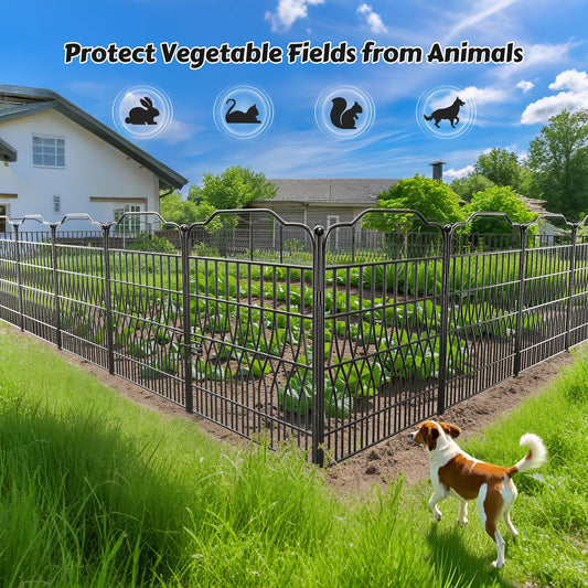 Bepatio 5 Panels Tall Garden Fence with Latch, 43.3in (H) x 14.8ft (L) Dog Fence Outdoor for Yard, Arc Metal Fencing Panels, Animal Barrier Fencing for Outdoor, Patio, Flower Bed