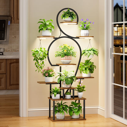POZILAN Plant Stand Indoor with Grow Lights, 63'' Tall Indoor Plant Shelf, 9 Tiered Lighted Plant Stands for Living Room, Metal & Wood Corner Large Flower Holder for Alcony, Patio & Home, Black