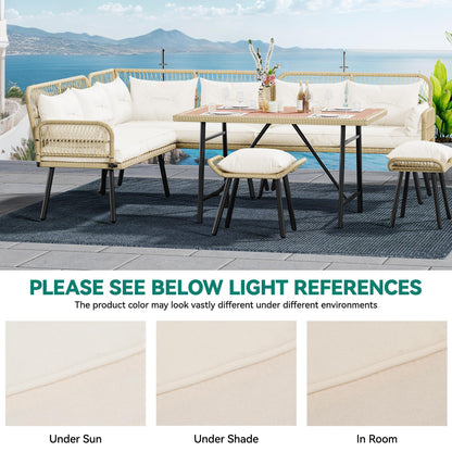 YITAHOME Patio Wicker L-Shaped Furniture Set, All-Weather Rattan Outdoor Conversation Sofa Set for Backyard Deck with Soft Cushions,Ottomans and Plastic Wood Dining Table (Light Brown+Beige)