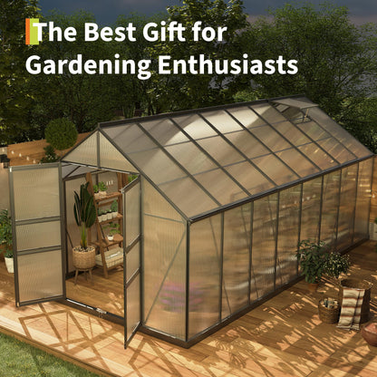 GarveeLife 8*16 ft Outdoor Walk-in Greenhouse, Polycarbonate Green House, Heavy Duty Greenhouse with Vented Roof Window, Windproof Aluminum Frame, Suitable for Outside Gardening, Backyard, Patio