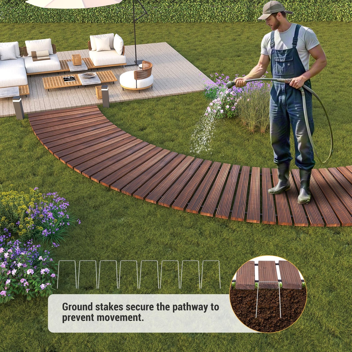 6FT Curved Wooden Garden Pathway Walkway Outdoor Roll Out Decorative Garden Non-Slip Patio Path Decorative Boardwalk Outdoor Road Floor for Backyard Beach Wedding Party