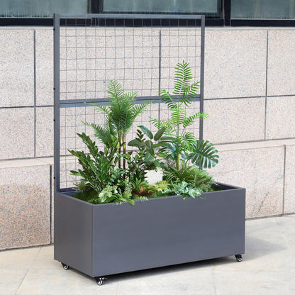 Metal Rolling Planter Box with Lattice Trellis, Modern Steel Planter Box Trellis Corten Trough Planter with Casters 66” x 46” x 21” (Original Metal)