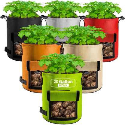 Suntee 6 Pack 20 Gallon Potato Grow Bags with Flap, Thickened Nonwoven Fabric Grow Bags for Growing Potatoes, Colorful Plant Grow Bags Pots Gardening Vegetable Potato Growing Bags with Durable Handles