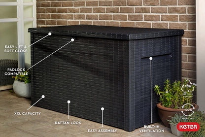 Keter Java XXL 230 Gallon Resin Rattan Look Large Outdoor Storage Deck Box for Patio Furniture Cushions, Pool Toys, and Garden Tools, Dark Grey