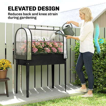 Outsunny Raised Garden Bed with Flip-Up Greenhouse Cover, Metal Elevated Garden Bed with Legs and Drainage Hole, Outdoor Raised Planter Box for Vegetables Herbs Flowers, 39.4" x 19.3" x 53.5", Black
