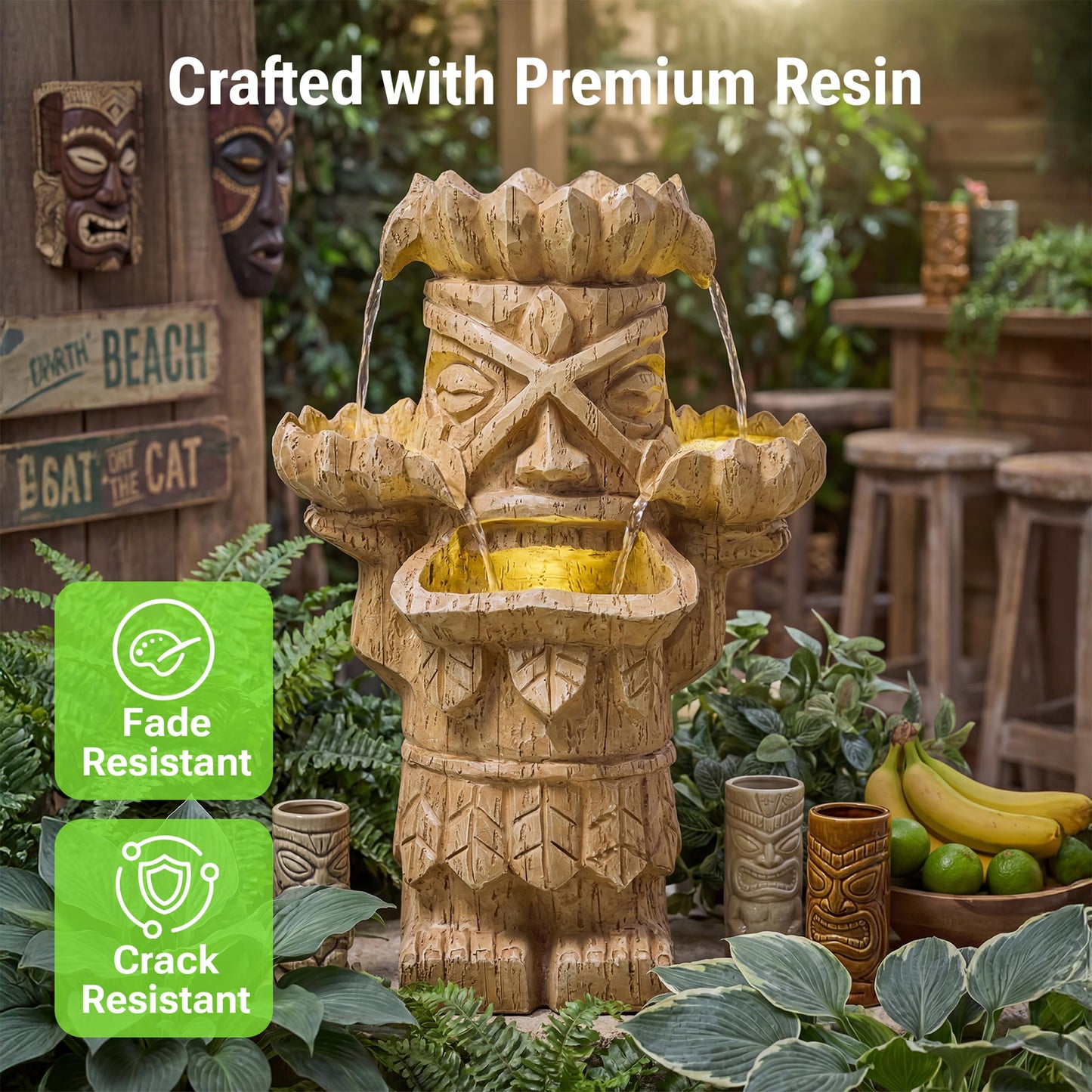 Dalxo 20-Inch Outdoor Water Fountain, 3-Tier Polynesian Tiki Head Resin Waterfall Fountain with 4 Warm LED Lights, Home Art Decor for Garden, Patio, Yard, Deck, Porch, Deck or Lawn in Natural Wood