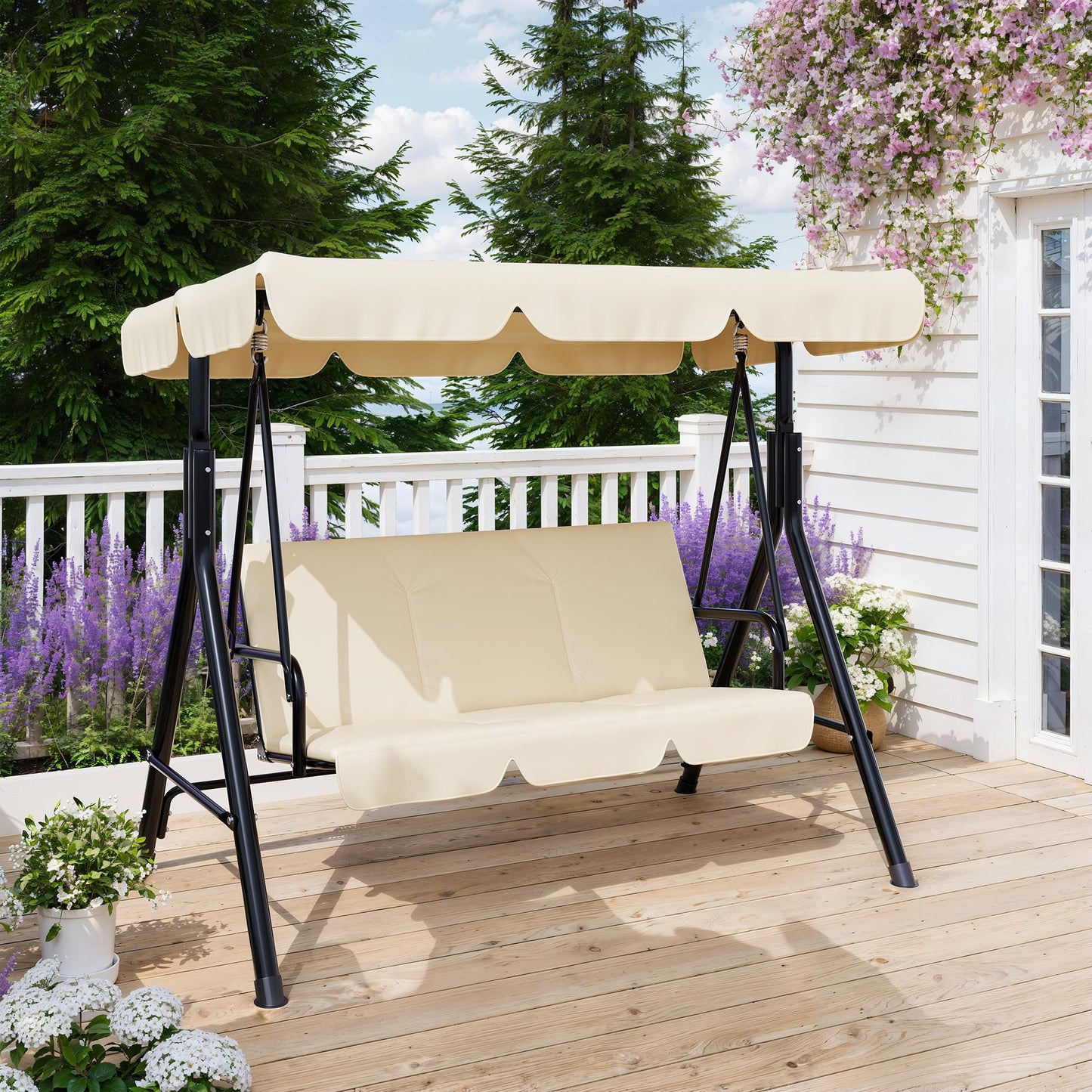 Garvee Outdoor Porch Swing with Adjustable Canopy, 3-Seat Patio Swing Chair with Stand, Heavy Duty Outdoor Swing for Adults, Metal Frame Patio Swing for Garden, Backyard & Poolside,Khika