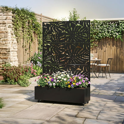 Qatiby Metal Raised Garden Bed with Trellis and Wheels, 71"x47"x16" Planter Box with Privacy Screen & Drainage Holes, Mobile Outdoor Garden Bed for Climbing Plants, Vegetables, Flowers (Black-Summer)
