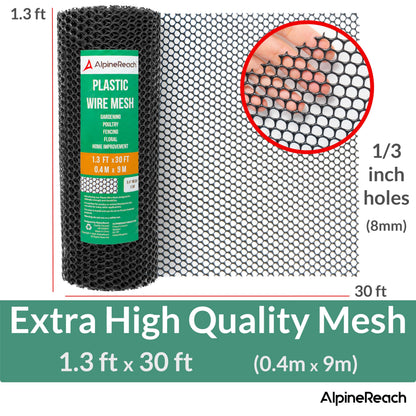 AlpineReach Plastic Wire Mesh 1.3ft x 30ft Fence Roll with Zip Ties - Ideal for Poultry, Dogs, Rabbit Barrier & Gardening, Durable Chicken Mesh, Versatile Rigid Fencing & Netting, Black (15.7" x 360")