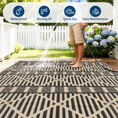 IDEALHOUSE 9x18 Ft Outdoor Rug 320GSM PP Woven Double Sided Same Pattern Waterproof Geometric Patio Mat for Backyard Deck Porch Camping Picnic Beach, Black Coffee