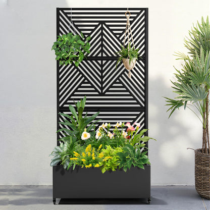 FENCY Metal Raised Garden Bed with Wheels and Trellis,73"x35"x16" Planter Box for Climbing Plants, Vegetables & Vines, Features Privacy Screen and Drainage Holes (Black-Modern)