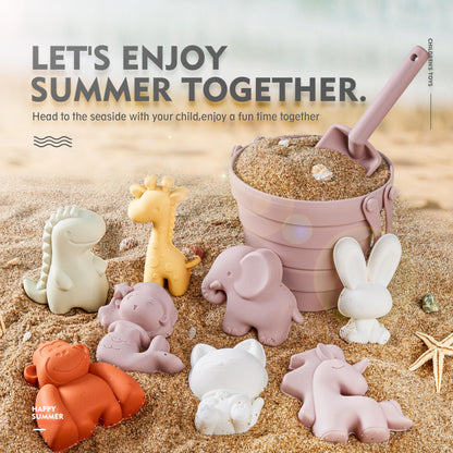 MarcZero 11Pcs Silicone Beach Toys,Collapsible Sand Bucket,Modern Baby Beach Toys,Travel Friendly Beach Set,Silicone Bucket,Shovel,Sand Molds, Beach Bag,Silicone Sand Toys for Toddlers, Kids (Pink)
