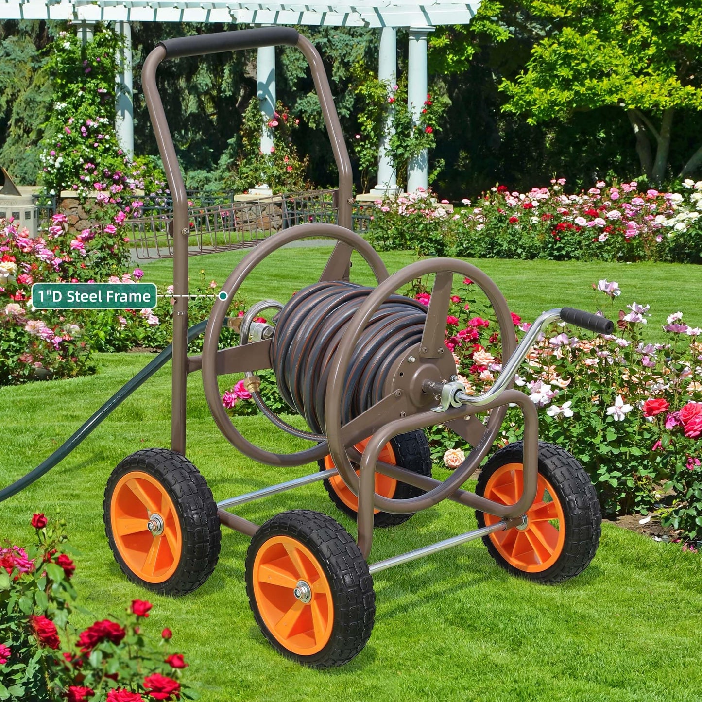 2026 Upgraded Hose Reel Cart with 10" NO-FLAT TIRES, 250FT 5/8" Heavy-Duty Steel Frame, Easy-Rolling All-Terrain Mobility for Tangle-Free Garden Hose Storage, Lawn Yard