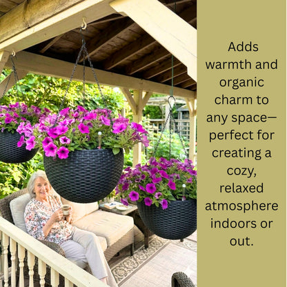 LaLaGreen Hanging Planters for Indoor Plants (11 Inch, 4 Pack) Self-Watering Round Rattan Style Flower Pots with Water Level Indicator, Black Metal Chain Hanging Baskets for Porch Garden Balcony Decor