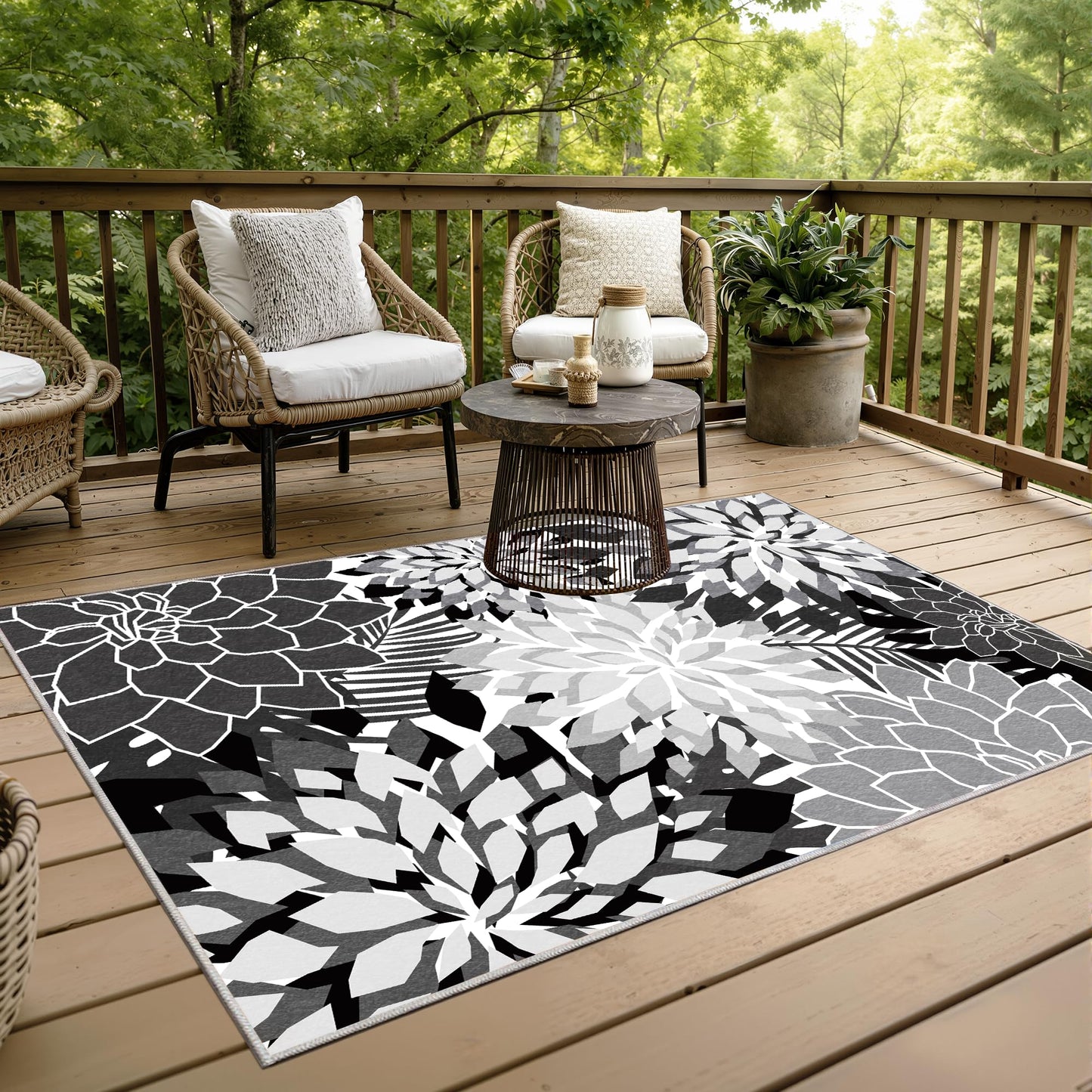ZonLi Outdoor Rug 8x10Ft Waterproof Multicolored Black White Indoor Area Rug Washable Outdoor Patio Rugs Tropical Floral Non Slip Outdoor Carpet for Living Room, Pool,Backyard,Deck,Camping.