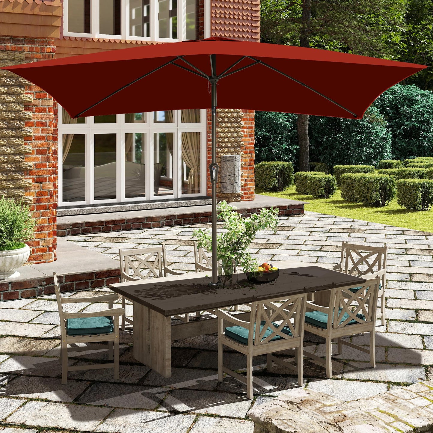 Ayge 6.5x10FT Rectangular Patio Umbrella Outdoor Table Umbrella w/Push Button Tilt & Crank Rectangle Market Umbrella UV Protection for Garden,Deck,Lawn,Yard & Pool,Red