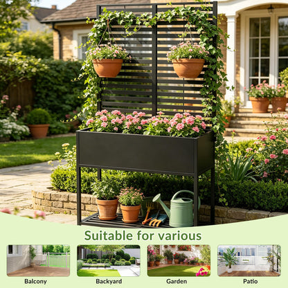Metal Planter with Trellis for Outdoor,Elevated Rust-Proof Raised Garden Bed with Legs & Wheels,70" Privacy Planter for Climbing Plants & Flowers,Outside Movable Raise Box for Patio,Black (Black)