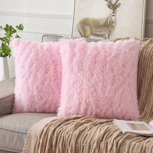 ANRODUO Pack of 2 Baby Pink Throw Pillow Covers Luxury Fluffy Pillows Faux Fur Decorative Pillows Plush Cushion Case Fuzzy Mongolian Merin Style for Bed Couch Sofa Living Room Summer Decor 20x20 Inch