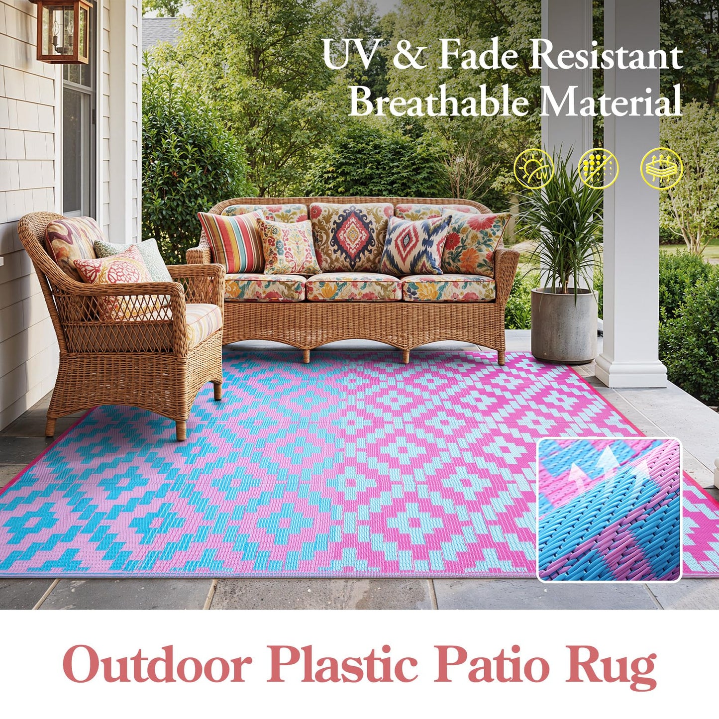 Wonnitar 8x10 Outdoor Rug, Large Waterproof Reversible Plastic Straw Rug for Patios, Indoor/Outdoor Area Rug Lightweight Camping Rug for Outside RV Balcony Garden Deck, Blue/Purple