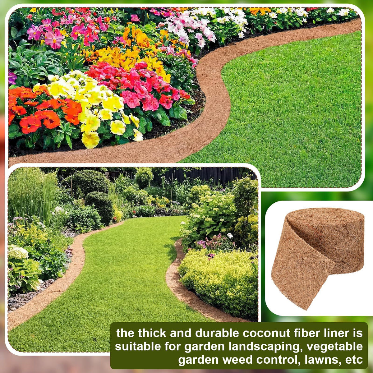 Tinideya 6 Pcs Natural Mulch Roll for Landscaping 118'' x 4.5'' Per Roll Coconut Fiber Mulch Mat with 60 U-Shaped Steel Stakes Cuttable Coconut Liner for Garden Edgings Wrap Trunk Planter Pet Pad