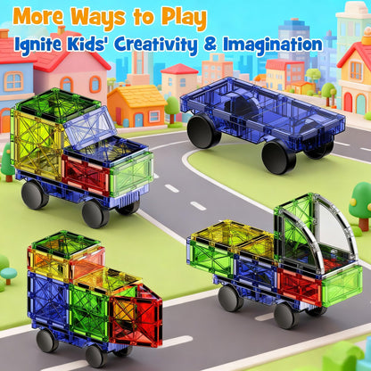 WMXDU 2-in-1 Dynamic Magnetic Downhill & Race Track Set - 40PCS Expandable Magnetic Tiles with Car for Creative STEM Play The Ultimate Travel Toy & Gift for Kids Ages 3-8 (40pcs-Race Set)