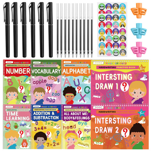Golinkid Magic Grooved Writing Practice, grooved Handwriting Practice for Kids 8 Books, Preschool workbook for Ages 3-10 with 6 Magic pens 10 Ink Refills, 3 Pencil Grips for Kids Handwriting