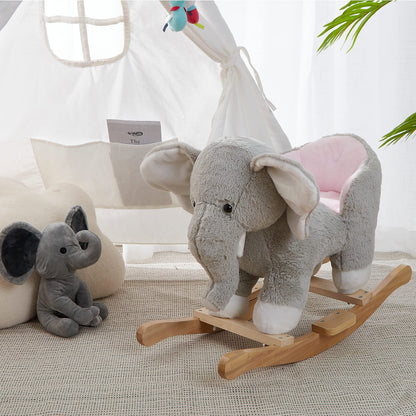 Elephant Baby Rocking Horse Wooden Rockers with Base Seat Safety Belt and 1 Pcs Elephant Plush Stuffed Animals Toy for Toddlers 1-3