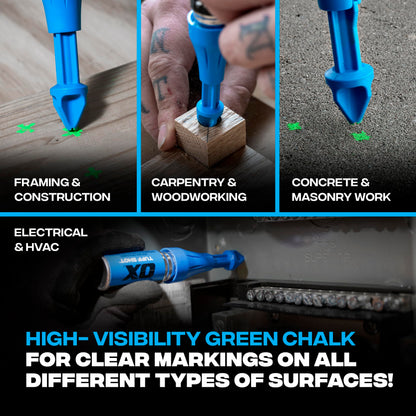 OX Tools Tuff Shot Deep Hole Marker Chalk Powder Shot for Drilling, Construction Marking Tool, Deep Reach Marker, 250 Bursts High-Vis Green Chalk Spray Marking for Carpentry