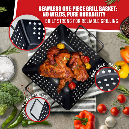 Qetumst Small Non-Stick 3 Piece Grill Basket Set – BBQ Grilling Basket for Vegetables, Seafood & Meat – Heavy Duty Perforated Grill Pan for Charcoal, Gas and Outdoor Grills, Easy to Clean Grilling Accessories